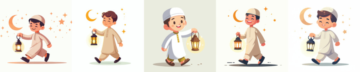 vector little muslim boy walking holding ramadan lantern