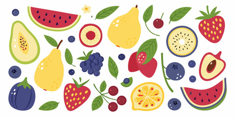 Colorful illustration of various sliced fruits and whole fruits arranged randomly