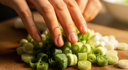 Gourmet Culinary Detail: Hand with Saffron Threads Over Freshly Chopped Green Onions