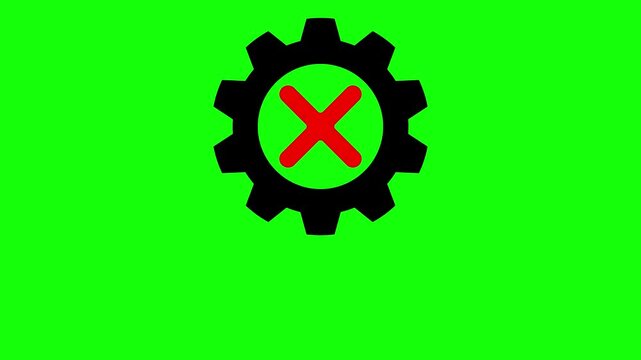 Critical system error glitch animation with gear symbol and red cross on black system failed.