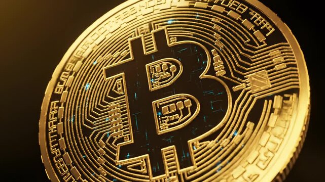 Golden Bitcoin coin on dark background