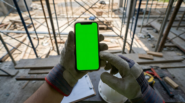 Detailed Close-up of Worker Holding Smartphone with Green Screen at Construction Site