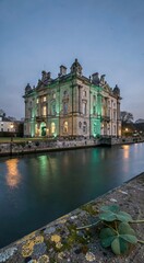 Historic european mansion by riverside at dusk