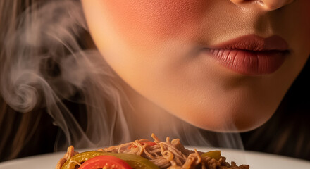 Close-up of Woman Enjoying the Aromatic Steam from a Hot Meal