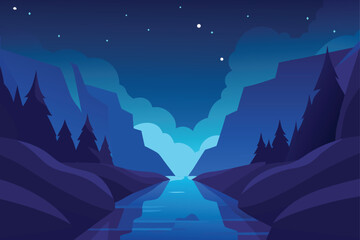 Nighttime Canyon Lit By Starlight In Tree Branches