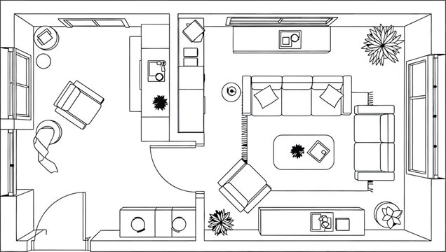 Black and white floor plan of a modern home isolated on transparent background