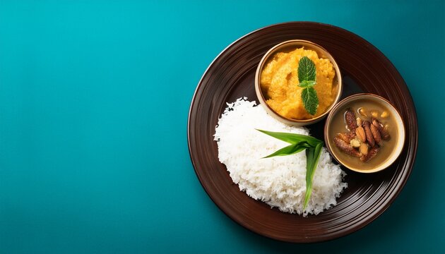 traditional sri lankan breakfast kiribath milk rice with lunu miris and coconut sambol top view with space for copy