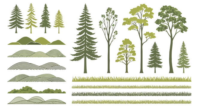 Collection of Diverse Forest Trees and Rolling Hills Graphics.
