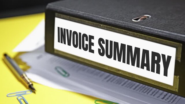 Neatly arranged office desk featuring invoice summary folder pen and paper clips on yellow background for financial management