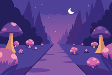 Peaceful Trail With Glowing Mushrooms And Lanterns