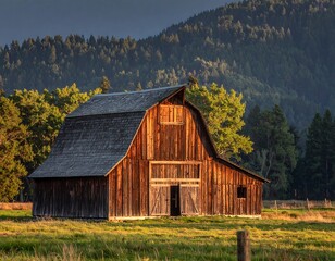 Obraz premium Rustic Barn in Grand Teton National Park at Sunset.
