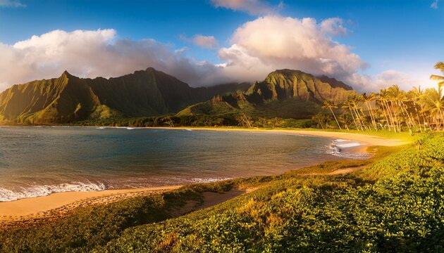 hanalei bay bathed in golden sunlight na pali backdrop