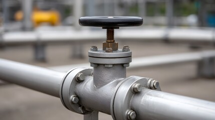 Obraz premium Close up of an industrial valve with a handle on a metal pipeline set against a blurred industrial background