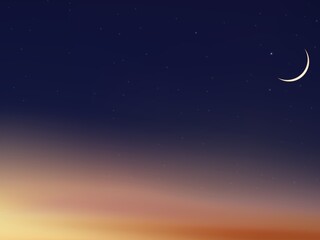 Fototapeta premium A beautiful crescent moon shines in a dark blue sky with a warm orange glow at the horizon, depicting a serene twilight scene.