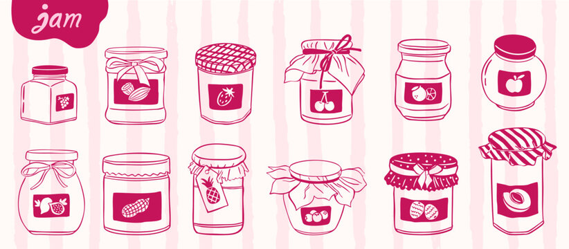 Set vector illustration of jam jar - fruits, berries, chocolate, peanuts