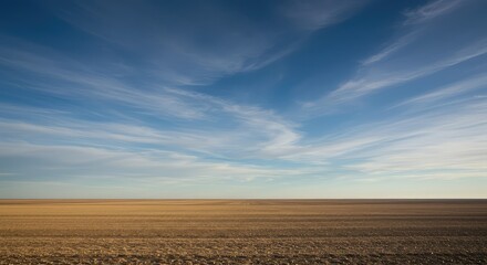 Fototapeta premium A wide, sweeping vista showcasing the distant line where the immense sky meets the flat, empty plain below, suggesting freedom and space ,boundary ,space ,vista
