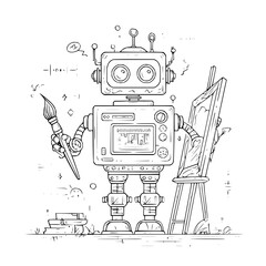 Obraz premium Robot artist painting on canvas with brush and easel creative technology concept