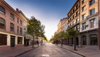 an empty city street lined with classic urban architecture emphasizing the quiet charm of a bustling cityscape now still and picturesque in the morning light