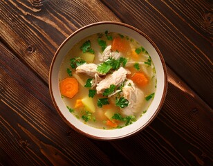 overhead photo of a bowl of delicious chicken soup on wooden table