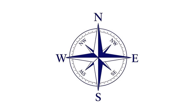 Blue and White Compass Rose with Cardinal Directions Keywords: compass, rose, navigation