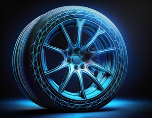 sports car tyre with alloy wheels in blue digital wireframes