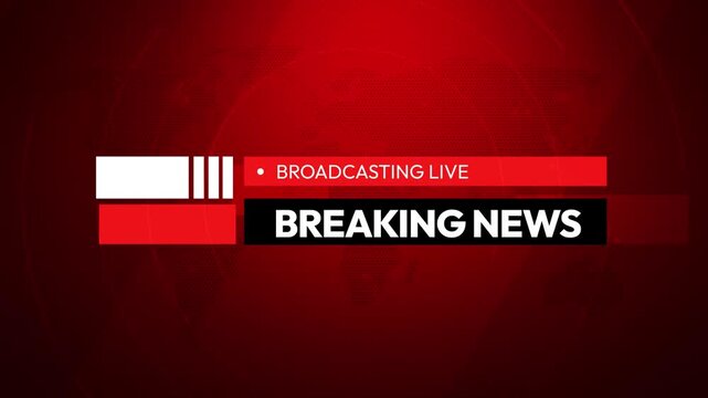 Red breaking news banner with live broadcast alert and global map design for TV updates, 4k
