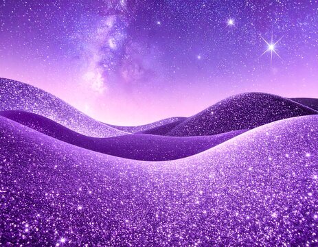 Glittering purple dunes under a stellar sky, evoking surreal beauty and cosmic wonder in an otherwordly landscape