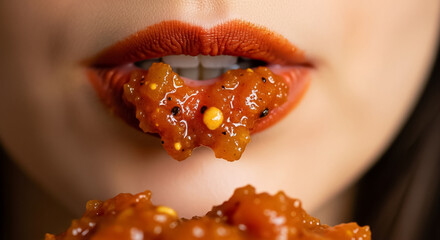 Deliciously Messy: Close-Up of Lips with Savory Orange Sauce