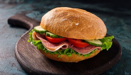 bun sandwich with salami pork tomato cucumber and cheese on wood and stone