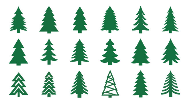 Collection of Diverse Green Christmas Tree Icons.