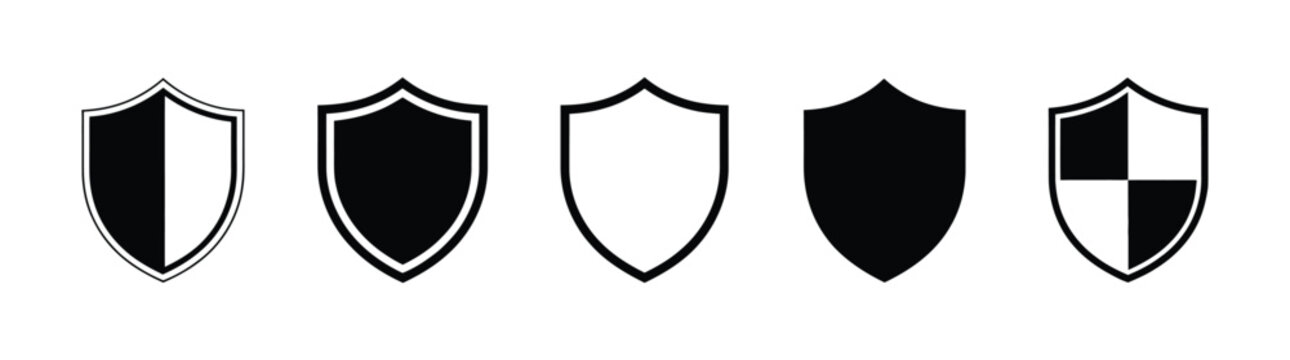 Set of modern shield icons in black and white for protection concepts. Shield check mark icon . Protection secure lock vector sign. Security and privacy symbol.
