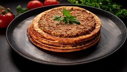 stacked lahmacun served on a dark plate with a topping of ground meat herbs and spices a delicious and flavorful turkish treat the lahmacun are round and the plate is black