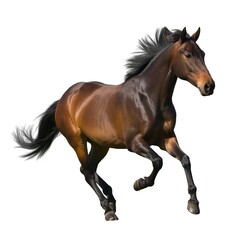 Magnificent brown bay horse captured mid-gallop demonstrating impressive power and athletic form in isolation