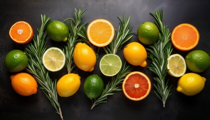 a vibrant and refreshing mix of citrus fruits lemons limes and oranges artfully arranged with sprigs of rosemary on a textured dark surface a zesty and aromatic delight