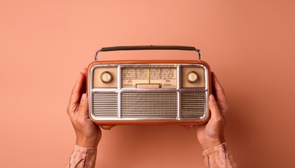 a hand holds up an old vintage radio with knobs against a peach backdrop representing nostalgia and retro vibes