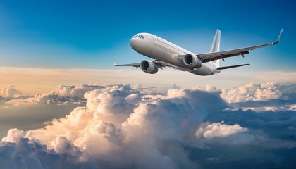 a commercial airplane soaring high amidst scattered fluffy clouds symbolizing travel and adventure portrayed with soft hues and a sense of freedom and exploration