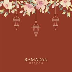 Ramadan Kareem background with watercolor flowers and traditional lanterns. Flat modern design festive Arabic style banner