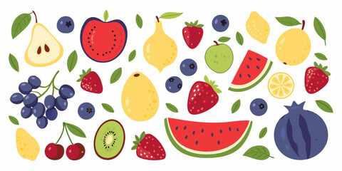 Colorful assortment of various fruits presented in a flat illustrative style