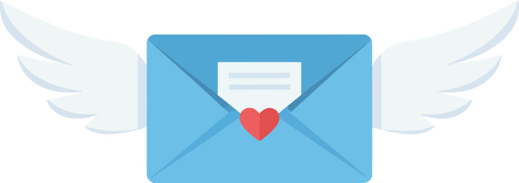 A blue envelope with white wings and a red heart, symbolizing love and affection, viewed from the front