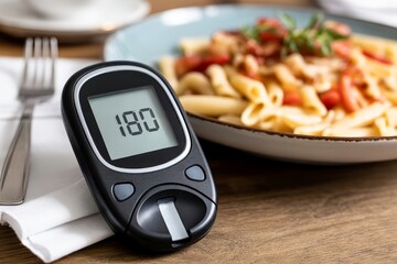 Blood glucose meter display 180 beside meal. Diabetes high sugar warning