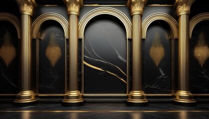 arches in a black marble wall and columns with golden decor in a dark room generative ai