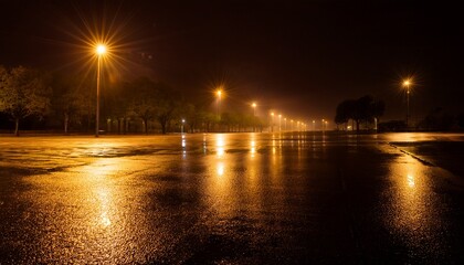 an empty parking lot is seen at night lit by yellow streetlights the ground is wet and reflects the light creating a lonely cinematic atmosphere quiet darkness reigns