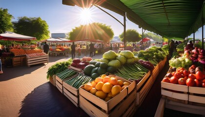 a bustling farmers market is filled with fresh colorful produce and lush greenery displaying an abundance of healthy fruits and vegetables under the morning sun