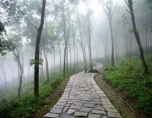 grey stone pathway winding through a foggy forest