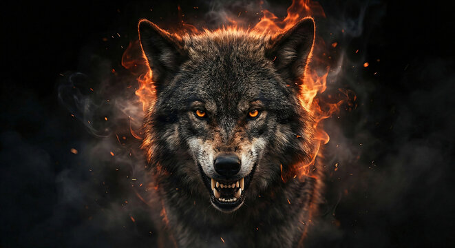 Fierce Wolf Illustration with Fiery Eyes and Glowing Aura