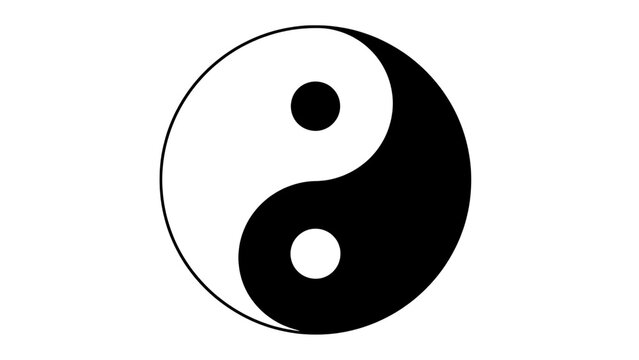 White outline of Yin Yang symbol with double circle on black background taijitu philosophy