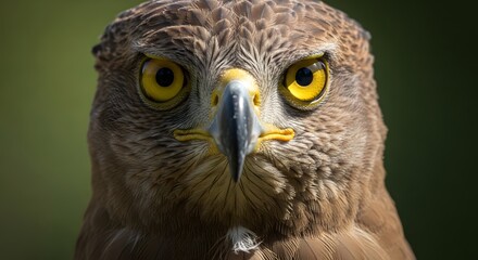 Obraz premium Javan Hawk-eagle face and crest feathers, intense eye contact, rainforest background bokeh