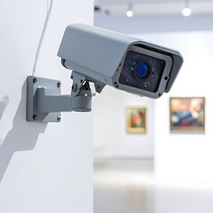 Gray security camera mounted on a white wall in a blurred gallery setting with framed paintings