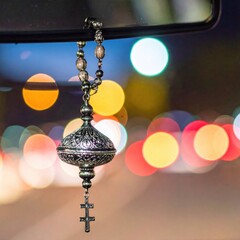 Close up of a decorative silver car charm with crosses hanging from rearview mirror with blurred colorful city lights bokeh background at night
