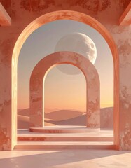 Surreal Architectural Archway with a Large Moon in a Pixelated Desert Landscape at Sunset